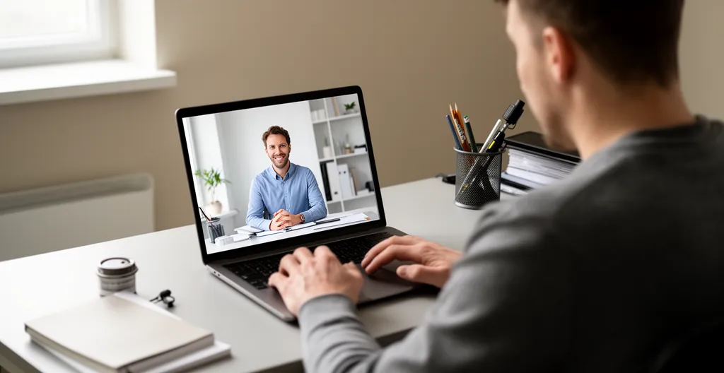Professionnelle en visioconférence avec un recruteur visible sur écran d'ordinateur