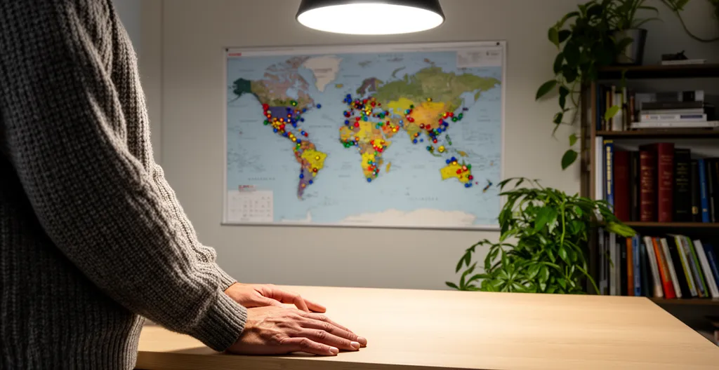Personne consultant une carte du monde avec marqueurs colorés pour planifier sa recherche d'emploi